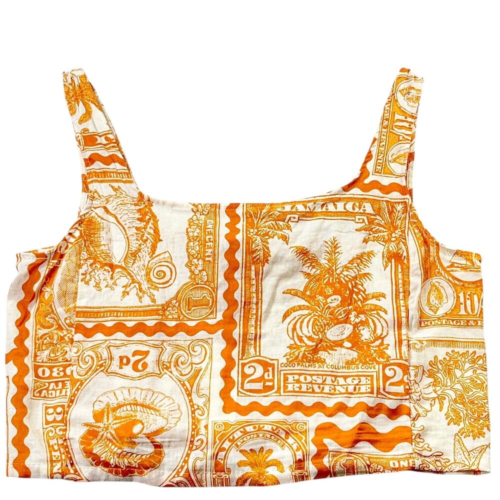 Orange & White Printed Crop Tank Top